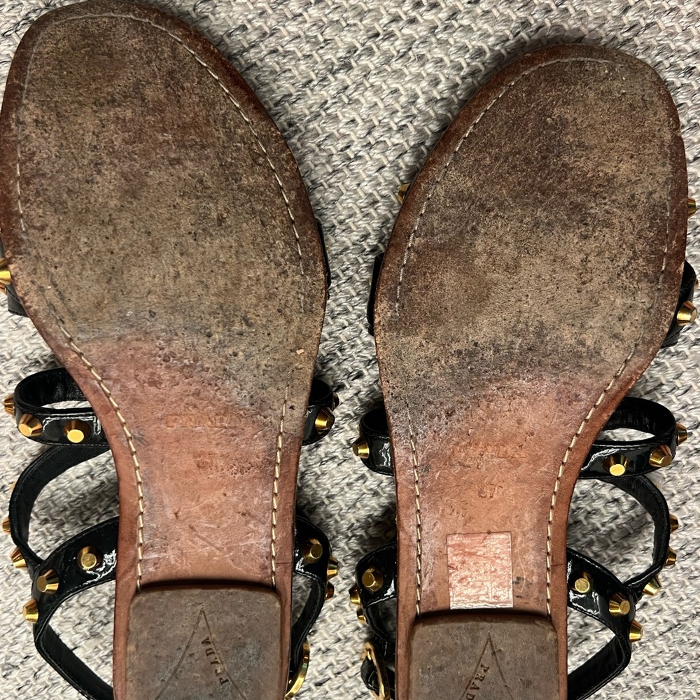 Prada black patent gold studded sandals. - Picture 3 of 3